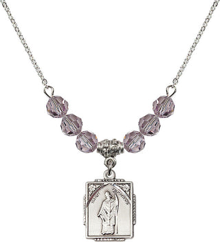 18" Rhodium Plated Necklace with 4mm Light Amethyst Crystal Beads featuring a Sterling Silver Saint Patrick Medal. Engraved Catholic Saint Jewelry