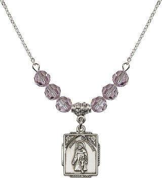 18" Rhodium Plated Necklace with 4mm Light Amethyst Crystal Beads featuring a Sterling Silver Saint Peregrine Medal. Engraved Catholic Saint Jewelry