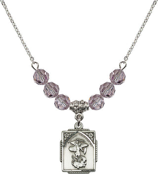 18" Rhodium Plated Necklace with 4mm Light Amethyst Crystal Beads featuring a Sterling Silver Saint Michael the Archangel Medal. Engraved Catholic Saint Jewelry