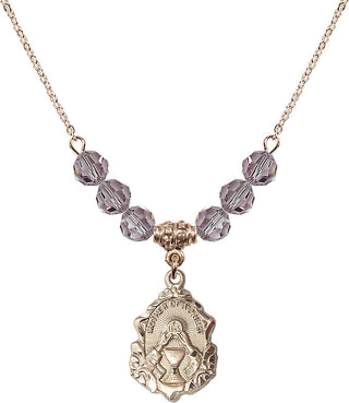18" Hamilton Gold Plated Necklace with 4mm Light Amethyst Crystal Beads featuring a 14kt Gold Filled Mother of a Priest Medal. Engraved Catholic Saint Jewelry