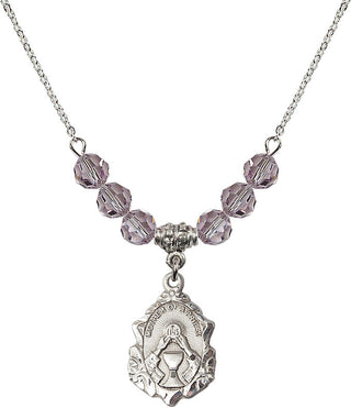 18" Rhodium Plated Necklace with 4mm Light Amethyst Crystal Beads featuring a Sterling Silver Mother of a Priest Medal. Engraved Catholic Saint Jewelry