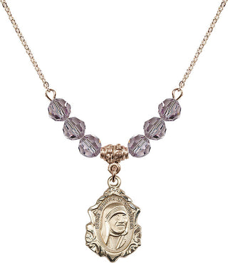 18" Hamilton Gold Plated Necklace with 4mm Light Amethyst Crystal Beads featuring a 14kt Gold Filled Saint Teresa of Calcutta Medal.