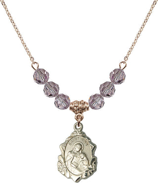 18" Hamilton Gold Plated Necklace with 4mm Light Amethyst Crystal Beads featuring a 14kt Gold Filled Saint Ann Medal. Engraved Catholic Saint Jewelry