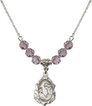 18" Rhodium Plated Necklace with 4mm Light Amethyst Crystal Beads featuring a Sterling Silver Saint Cecilia Medal. Engraved Catholic Saint Jewelry