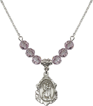 18" Rhodium Plated Necklace with 4mm Light Amethyst Crystal Beads featuring a Sterling Silver Saint Christopher Medal. Engraved Catholic Saint Jewelry