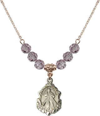 18" Hamilton Gold Plated Necklace with 4mm Light Amethyst Crystal Beads featuring a 14kt Gold Filled Divine Mercy Medal. Engraved Catholic Saint Jewelry
