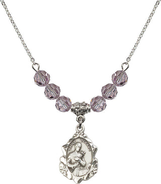 18" Rhodium Plated Necklace with 4mm Light Amethyst Crystal Beads featuring a Sterling Silver Saint Gerard Medal. Engraved Catholic Saint Jewelry