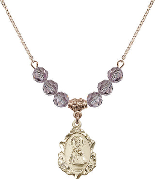 18" Hamilton Gold Plated Necklace with 4mm Light Amethyst Crystal Beads featuring a 14kt Gold Filled Infant of Prague Medal. Engraved Catholic Saint Jewelry
