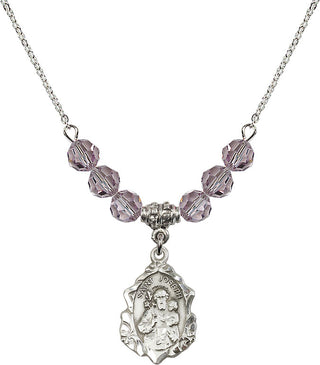18" Rhodium Plated Necklace with 4mm Light Amethyst Crystal Beads featuring a Sterling Silver Saint Joseph Medal. Engraved Catholic Saint Jewelry
