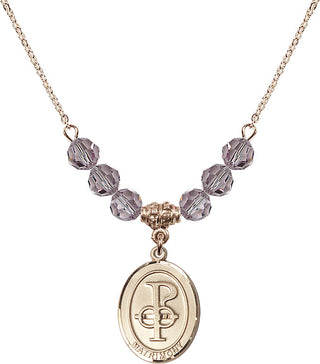 18" Hamilton Gold Plated Necklace with 4mm Light Amethyst Crystal Beads featuring a 14kt Gold Filled Matrimony Medal.