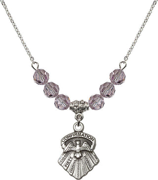 18" Rhodium Plated Necklace with 4mm Light Amethyst Crystal Beads featuring a Sterling Silver Seven Gifts Medal.
