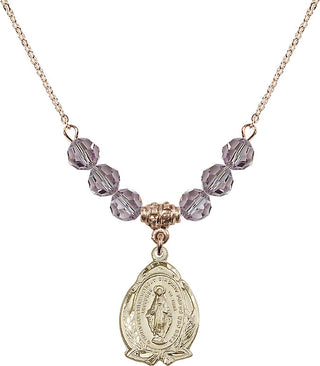 18" Hamilton Gold Plated Necklace with 4mm Light Amethyst Crystal Beads featuring a 14kt Gold Filled Miraculous Medal.