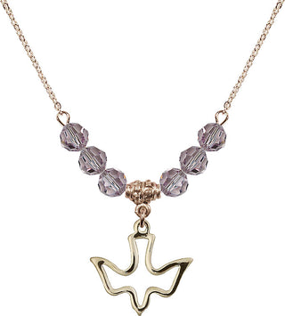 18" Hamilton Gold Plated Necklace with 4mm Light Amethyst Crystal Beads featuring a 14kt Gold Filled Holy Spirit Medal.