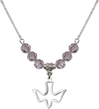 18" Rhodium Plated Necklace with 4mm Light Amethyst Crystal Beads featuring a Sterling Silver Holy Spirit Medal.
