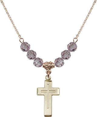 18" Hamilton Gold Plated Necklace with 4mm Light Amethyst Crystal Beads featuring a 14kt Gold Filled Cross Medal.
