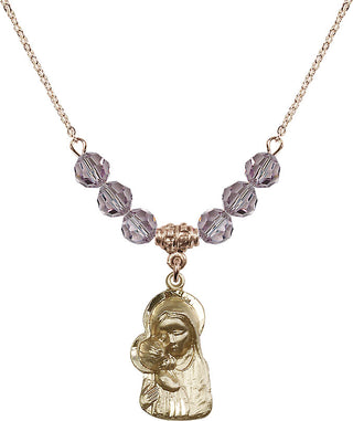 18" Hamilton Gold Plated Necklace with 4mm Light Amethyst Crystal Beads featuring a 14kt Gold Filled Madonna & Child Medal.