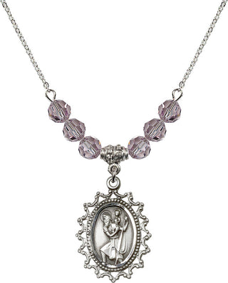 18" Rhodium Plated Necklace with 4mm Light Amethyst Crystal Beads featuring a Sterling Silver Saint Christopher Medal.