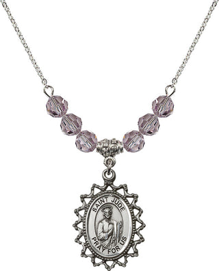 18" Rhodium Plated Necklace with 4mm Light Amethyst Crystal Beads featuring a Sterling Silver Saint Jude Medal.