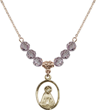 18" Hamilton Gold Plated Necklace with 4mm Light Amethyst Crystal Beads featuring a 14kt Gold Filled Madonna Medal.