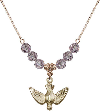 18" Hamilton Gold Plated Necklace with 4mm Light Amethyst Crystal Beads featuring a 14kt Gold Filled Holy Spirit Medal.