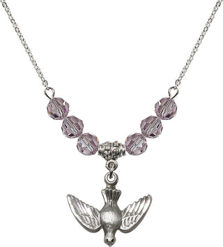 18" Rhodium Plated Necklace with 4mm Light Amethyst Crystal Beads featuring a Sterling Silver Holy Spirit Medal.