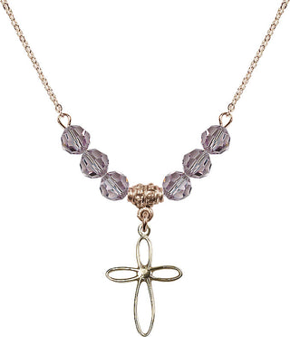 18" Hamilton Gold Plated Necklace with 4mm Light Amethyst Crystal Beads featuring a 14kt Gold Filled Loop Cross Medal.