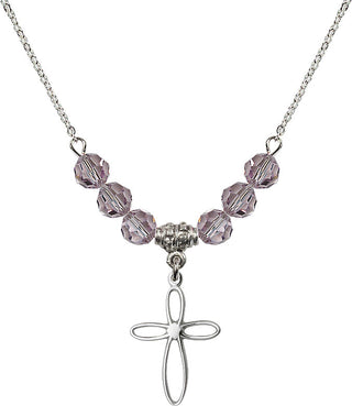 18" Rhodium Plated Necklace with 4mm Light Amethyst Crystal Beads featuring a Sterling Silver Loop Cross Medal.