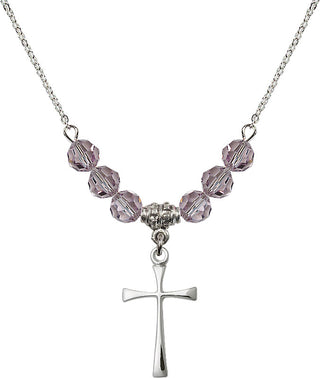 18" Rhodium Plated Necklace with 4mm Light Amethyst Crystal Beads featuring a Sterling Silver Maltese Cross Medal.