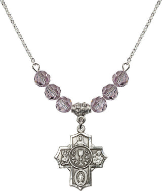 18" Rhodium Plated Necklace with 4mm Light Amethyst Crystal Beads featuring a Sterling Silver Communion/5-Way Medal.