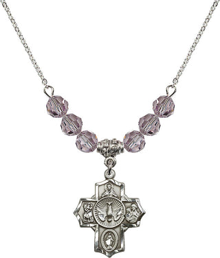 18" Rhodium Plated Necklace with 4mm Light Amethyst Crystal Beads featuring a Sterling Silver 5-Way Medal.
