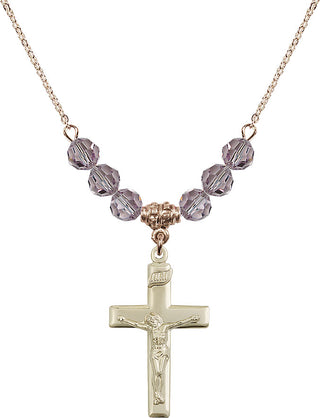 18" Hamilton Gold Plated Necklace with 4mm Light Amethyst Crystal Beads featuring a 14kt Gold Filled Crucifix Medal.
