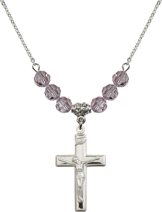 18" Rhodium Plated Necklace with 4mm Light Amethyst Crystal Beads featuring a Sterling Silver Crucifix Medal.