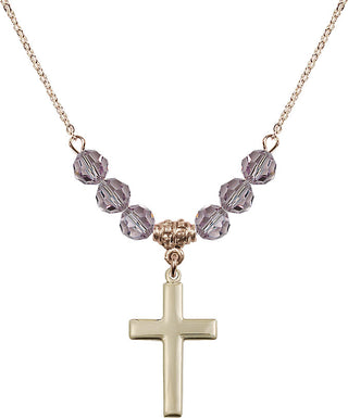 18" Hamilton Gold Plated Necklace with 4mm Light Amethyst Crystal Beads featuring a 14kt Gold Filled Cross Medal.