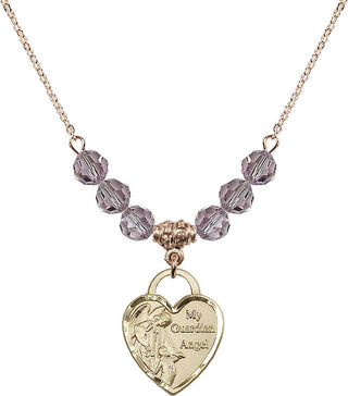 18" Hamilton Gold Plated Necklace with 4mm Light Amethyst Crystal Beads featuring a 14kt Gold Filled Guardian Angel Heart Medal. Engraved Catholic Saint Jewelry