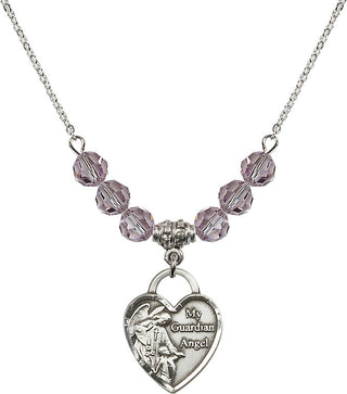 18" Rhodium Plated Necklace with 4mm Light Amethyst Crystal Beads featuring a Sterling Silver Guardian Angel Heart Medal. Engraved Catholic Saint Jewelry