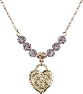 18" Hamilton Gold Plated Necklace with 4mm Light Amethyst Crystal Beads featuring a 14kt Gold Filled Communion Heart Medal. Engraved Catholic Saint Jewelry