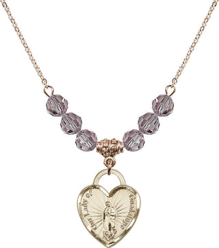 18" Hamilton Gold Plated Necklace with 4mm Light Amethyst Crystal Beads featuring a 14kt Gold Filled Our Lady Guadalupe Heart / Recuerdo Medal.