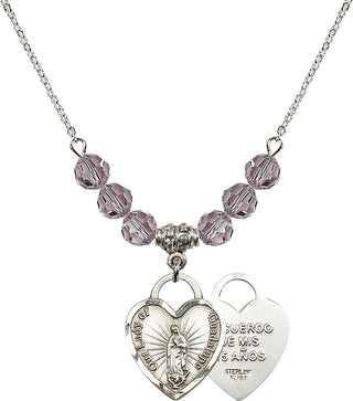 18" Rhodium Plated Necklace with 4mm Light Amethyst Crystal Beads featuring a Sterling Silver Our Lady Guadalupe Heart / Recuerdo Medal.