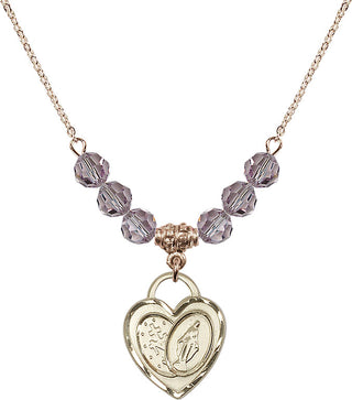 18" Hamilton Gold Plated Necklace with 4mm Light Amethyst Crystal Beads featuring a 14kt Gold Filled Miraculous Heart Medal.