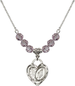 18" Rhodium Plated Necklace with 4mm Light Amethyst Crystal Beads featuring a Sterling Silver Miraculous Heart Medal.