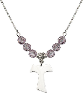 18" Rhodium Plated Necklace with 4mm Light Amethyst Crystal Beads featuring a Sterling Silver Tau Cross Medal.