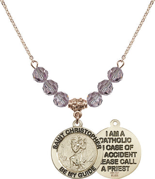 18" Hamilton Gold Plated Necklace with 4mm Light Amethyst Crystal Beads featuring a 14kt Gold Filled Saint Christopher Medal.