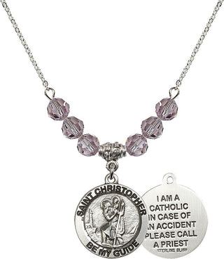 18" Rhodium Plated Necklace with 4mm Light Amethyst Crystal Beads featuring a Sterling Silver Saint Christopher Medal.