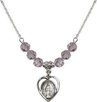 18" Rhodium Plated Necklace with 4mm Light Amethyst Crystal Beads featuring a Sterling Silver Miraculous Medal.