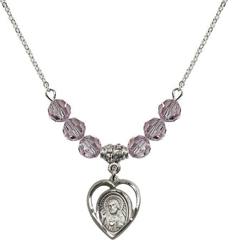 18" Rhodium Plated Necklace with 4mm Light Amethyst Crystal Beads featuring a Sterling Silver Scapular Medal.