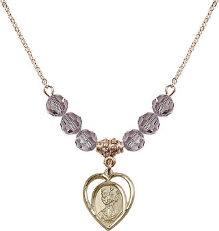 18" Hamilton Gold Plated Necklace with 4mm Light Amethyst Crystal Beads featuring a 14kt Gold Filled Saint Christopher Medal.