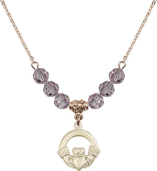 18" Hamilton Gold Plated Necklace with 4mm Light Amethyst Crystal Beads featuring a 14kt Gold Filled Claddagh Medal.
