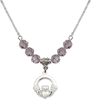 18" Rhodium Plated Necklace with 4mm Light Amethyst Crystal Beads featuring a Sterling Silver Claddagh Medal.