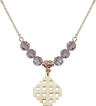 18" Hamilton Gold Plated Necklace with 4mm Light Amethyst Crystal Beads featuring a 14kt Gold Filled Jerusalem Cross Medal.