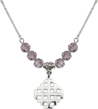 18" Rhodium Plated Necklace with 4mm Light Amethyst Crystal Beads featuring a Sterling Silver Jerusalem Cross Medal.
